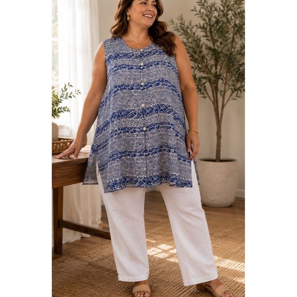 Bogari Tops - Bogari Woman 100% Silk Sleeveless Tunic Top Blue White Tribal Print Size 24W